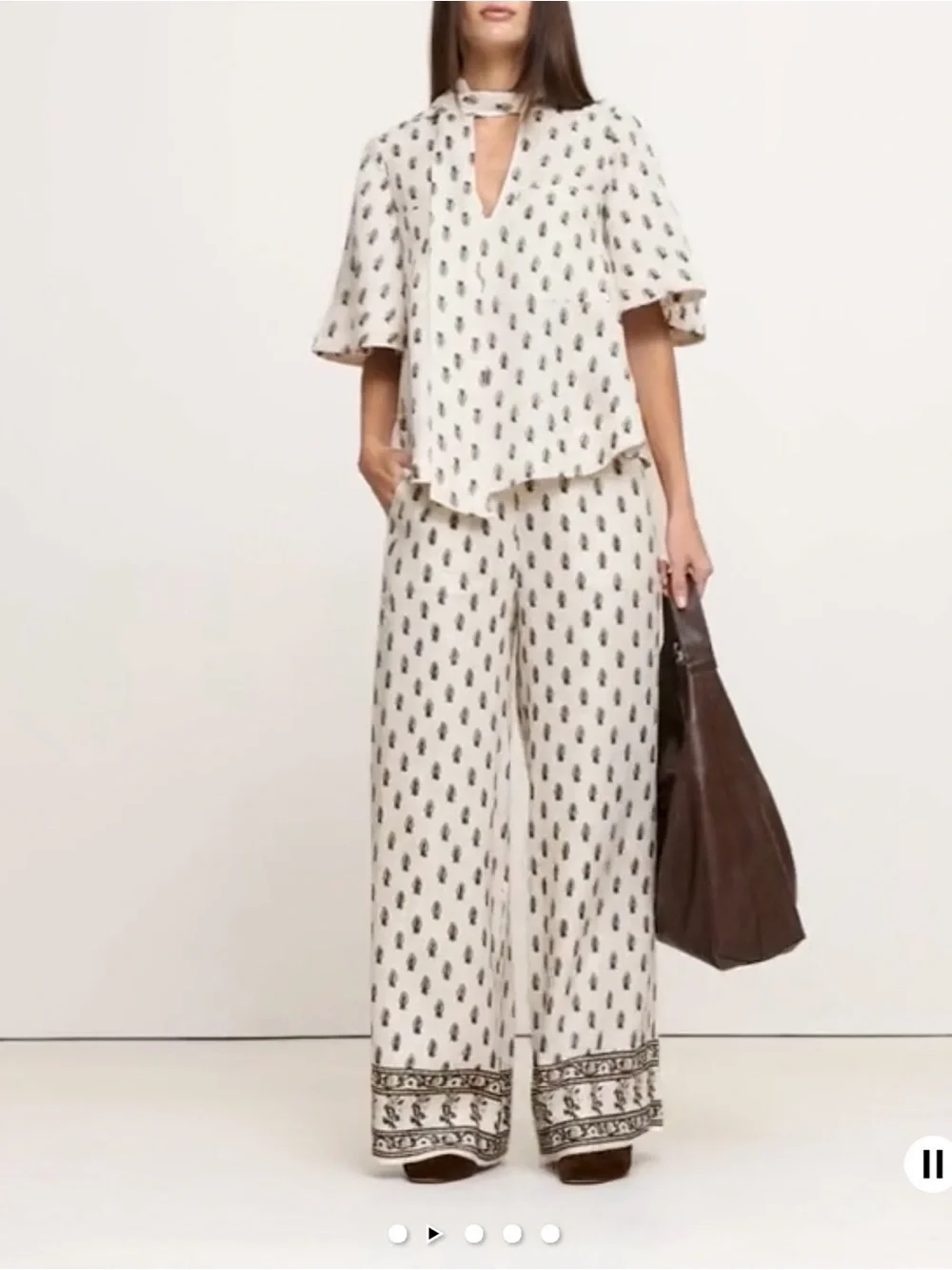 Banana Republic Wide-Leg Viscose Linen Pull-On Pants- L & Tie-Neck‎ Top Size M